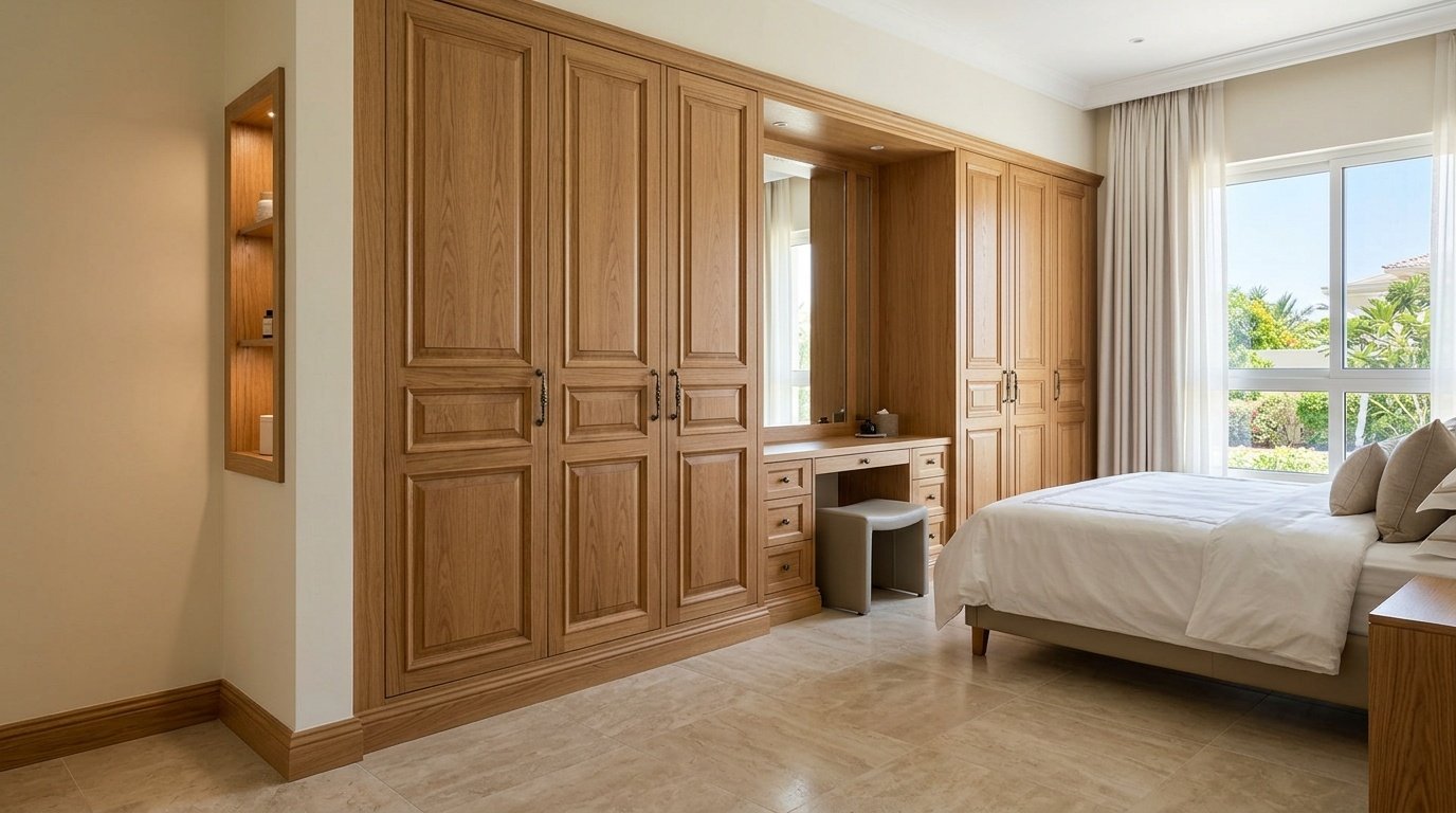 Oak fitted wardrobes with traditional panel detailing in Arabian Ranches villa bedroom UAE