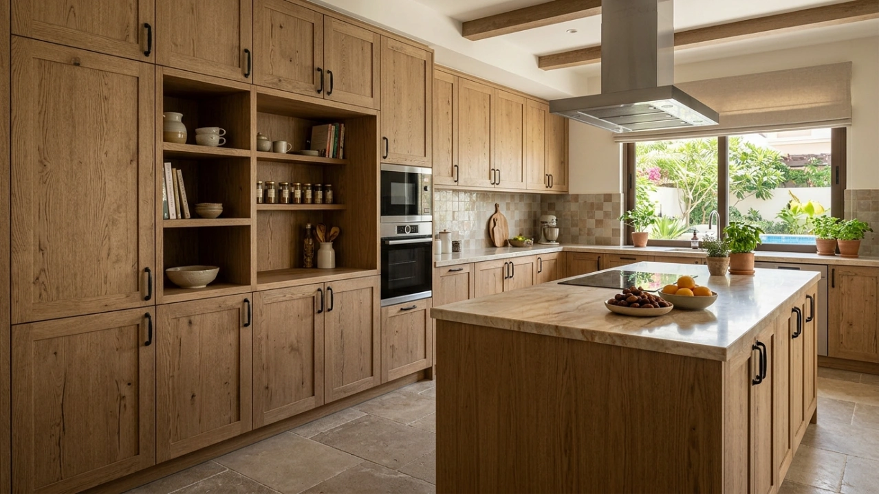 Rustic oak kitchen cabinets with black handles in Arabian Ranches UAE