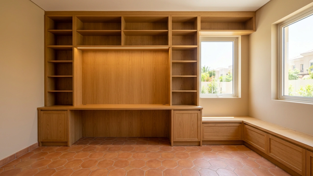 Custom honey oak home office study with floor-to-ceiling bookcase towers and window seat storage in an Arabian Ranches Dubai villa by Karnak Carpentry