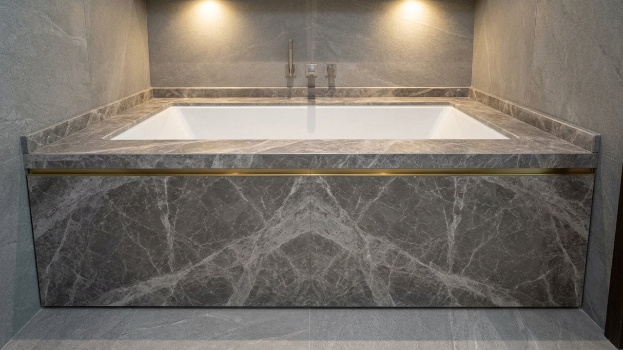 Custom fitted bath panel and deck in marble-effect laminate with brass inlay strip in Sobha Hartland Dubai master bathroom