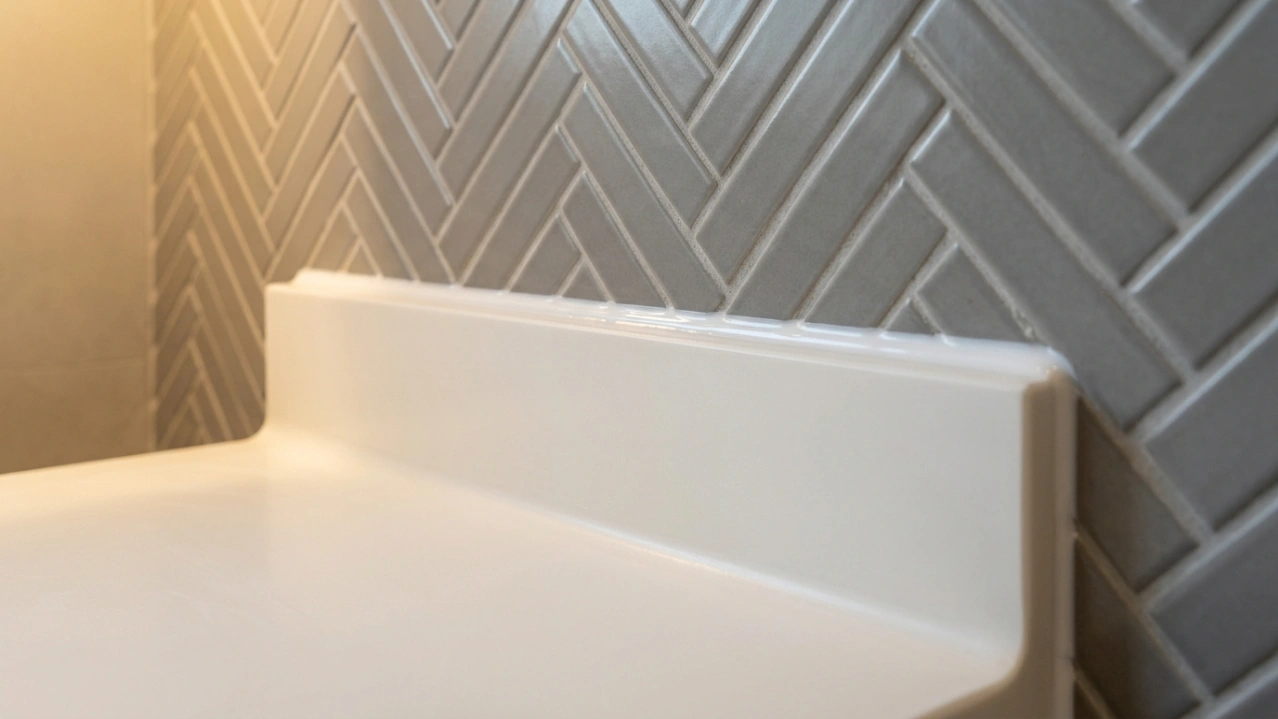 Bathroom backsplash waterproofing detail showing perfect silicone bead at Corian-to-tile junction in a UAE property by Karnak Carpentry