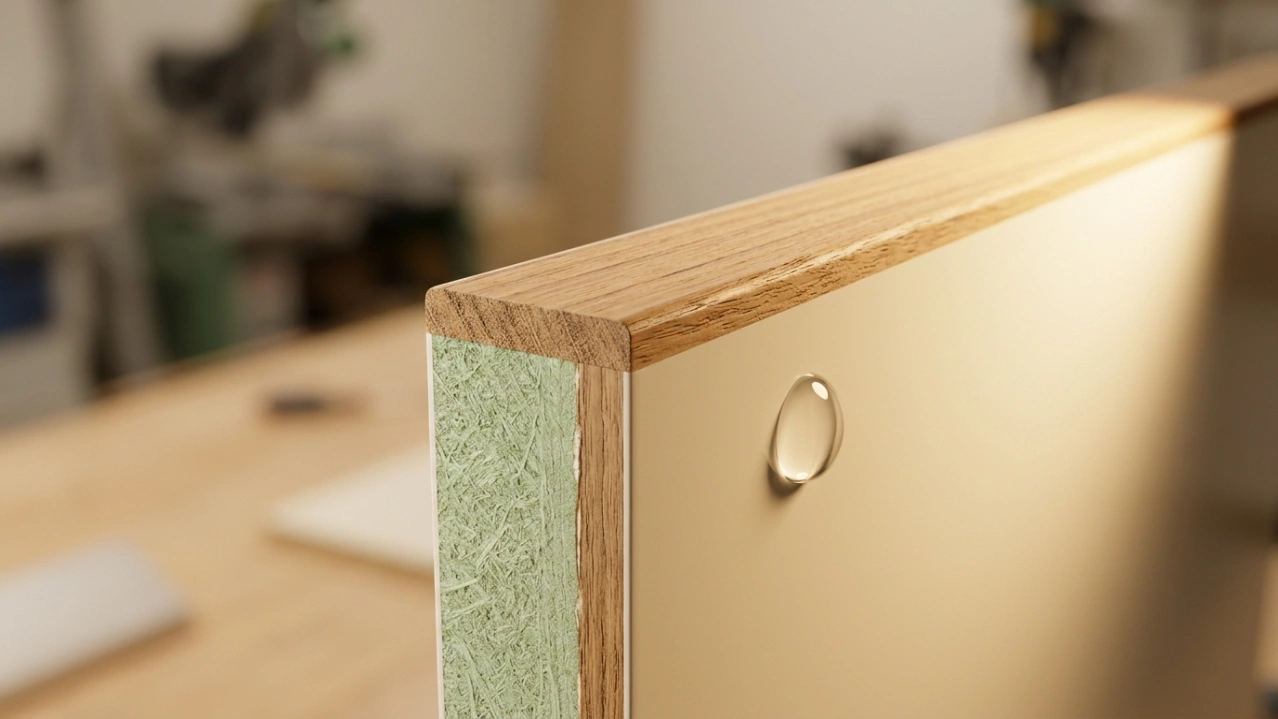 Cross-section material detail of moisture-resistant HMR MDF with teak lipping and marine lacquer showing water beading in a UAE bathroom cabinet by Karnak Carpentry