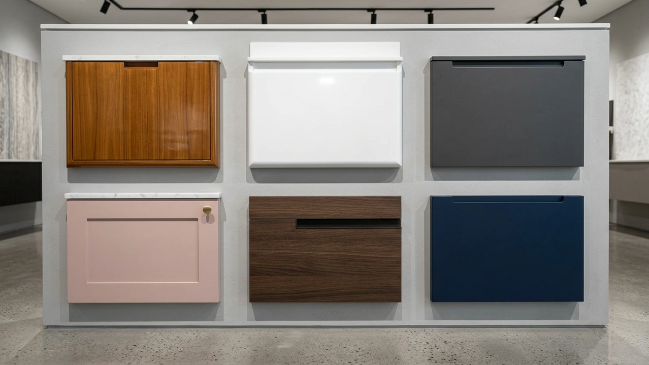 Portfolio display of six bathroom carpentry finishes including teak, Corian, charcoal, blush, smoked oak, and navy in UAE by Karnak Carpentry