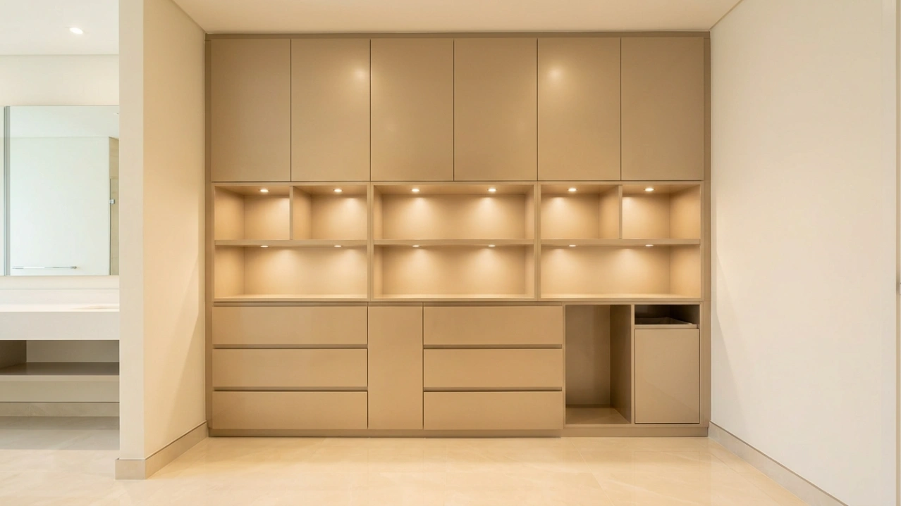 Floor-to-ceiling bathroom storage system with three zones in champagne lacquer including display niches and laundry hamper in Abu Dhabi apartment by Karnak Carpentry