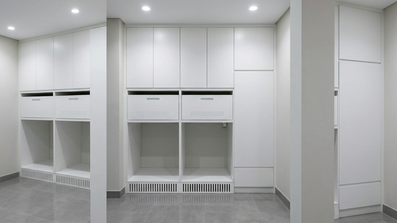 Custom built-in laundry utility cabinet with appliance bays, pull-out hamper drawers, and fold-out ironing board in a UAE villa bathroom by Karnak Carpentry