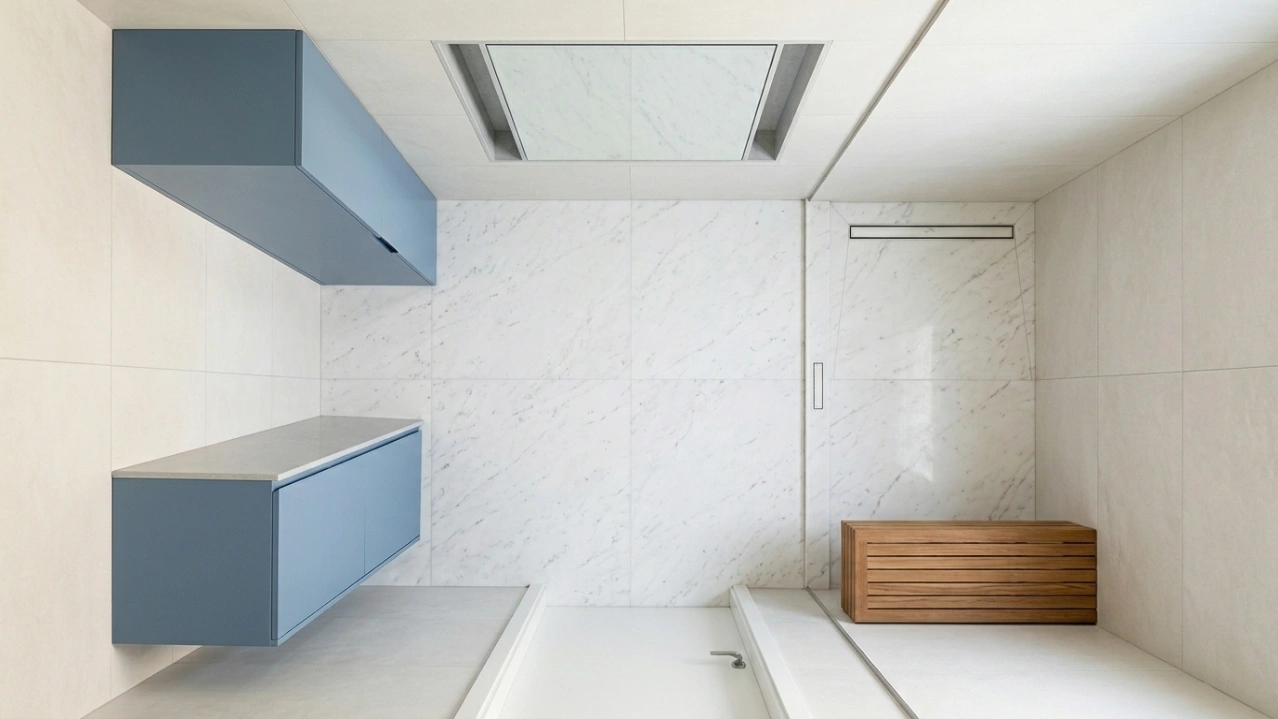 Overhead view of coordinated bathroom carpentry installation showing vanity, shower bench, and linen tower perfectly integrated in a UAE villa by Karnak Carpentry