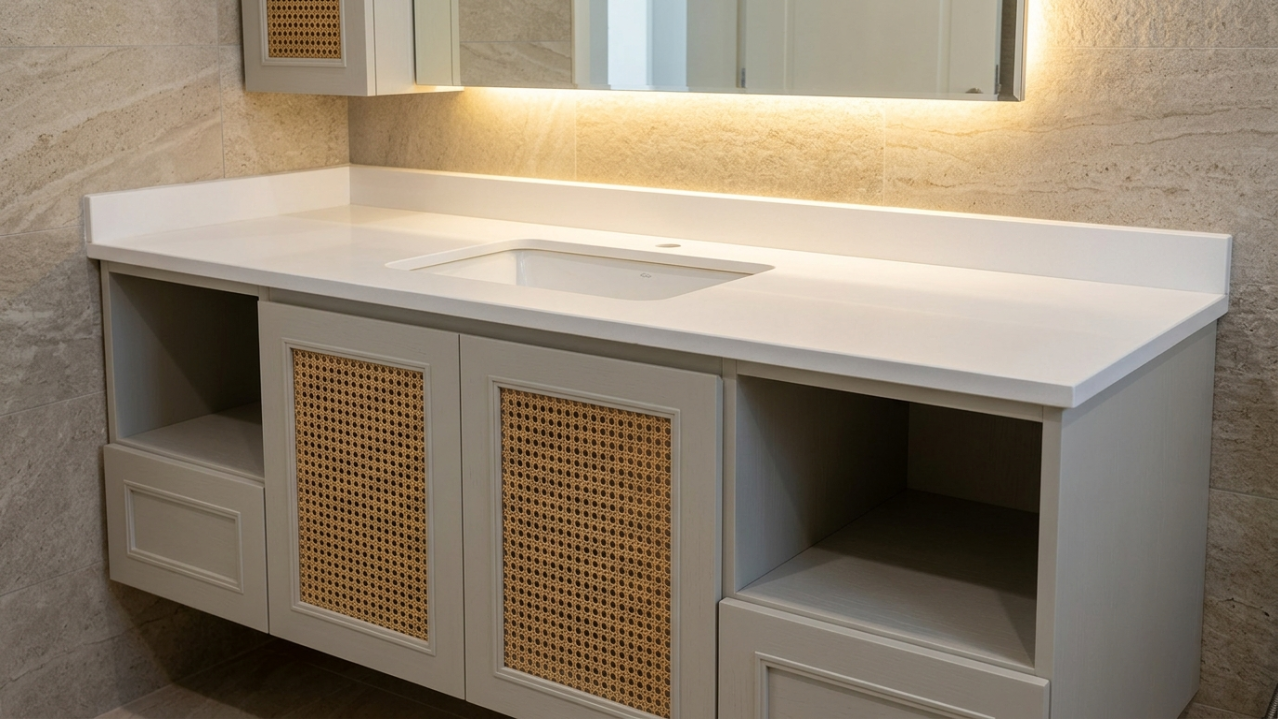 Custom fitted bathroom vanity in ash grey with rattan insert doors and quartz countertop in Sharjah villa family bathroom