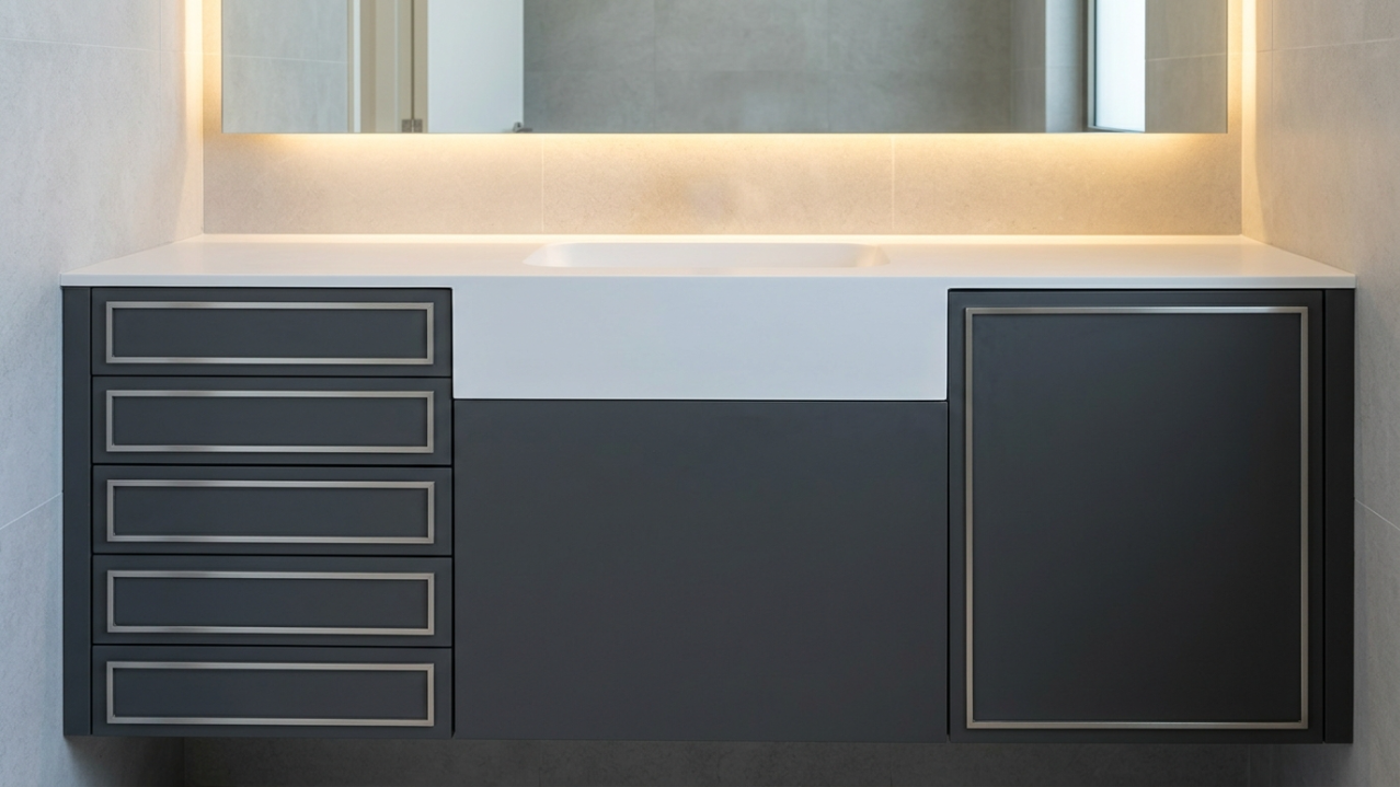 Custom fitted charcoal grey vanity with steel frame doors and integrated Corian basin in Victory Heights Dubai villa bathroom