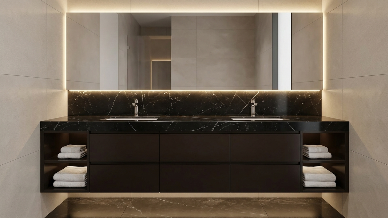 Custom fitted espresso vanity with Nero Marquina marble top and double basins in MBR City Dubai villa master bathroom