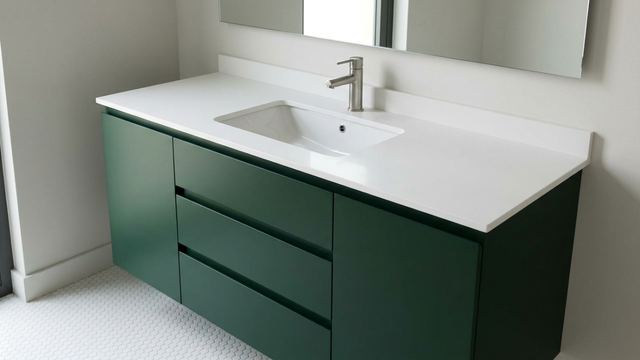 Custom fitted forest green vanity with chrome mixer and undermount basin in Arabian Ranches Dubai villa bathroom