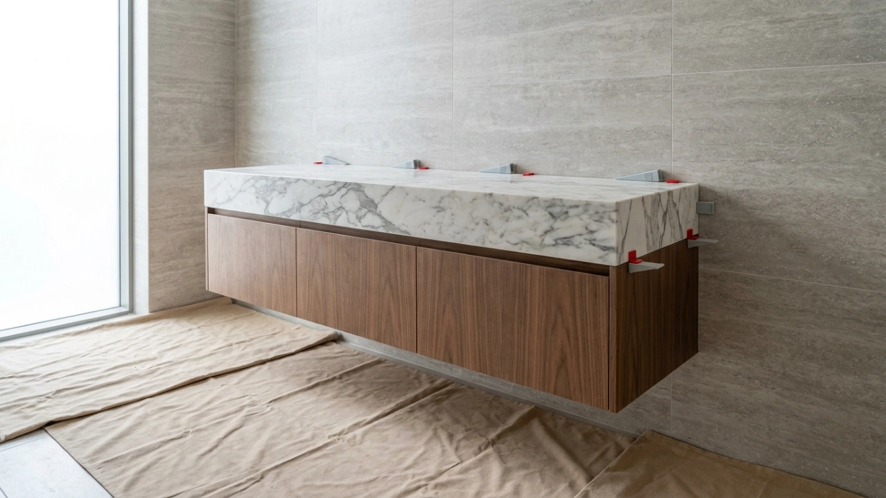 Mid-installation bathroom vanity with carcass fixed and countertop temporarily supported during curing in a UAE villa by Karnak Carpentry