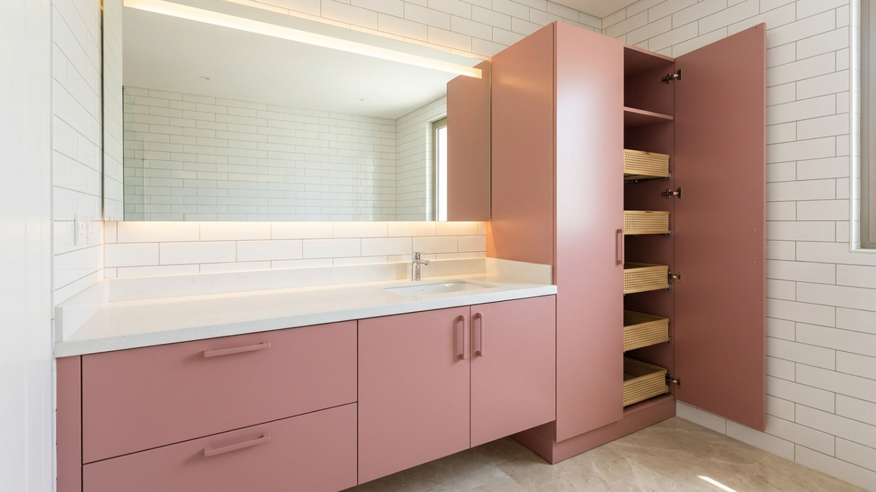 Custom fitted dusty rose bathroom vanity with integrated linen tower cabinet in Villanova Dubailand villa family bathroom