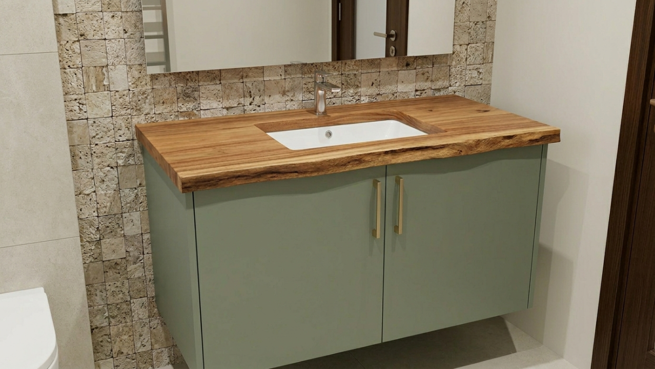 Custom fitted sage green vanity with live-edge acacia timber countertop in Al Barari Dubai villa en-suite bathroom