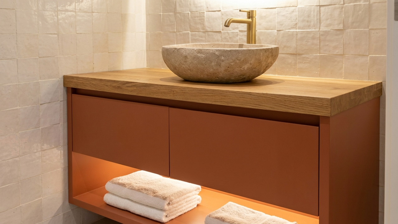Custom fitted terracotta lacquer bathroom vanity with oak countertop and vessel basin in Damac Hills Dubai villa