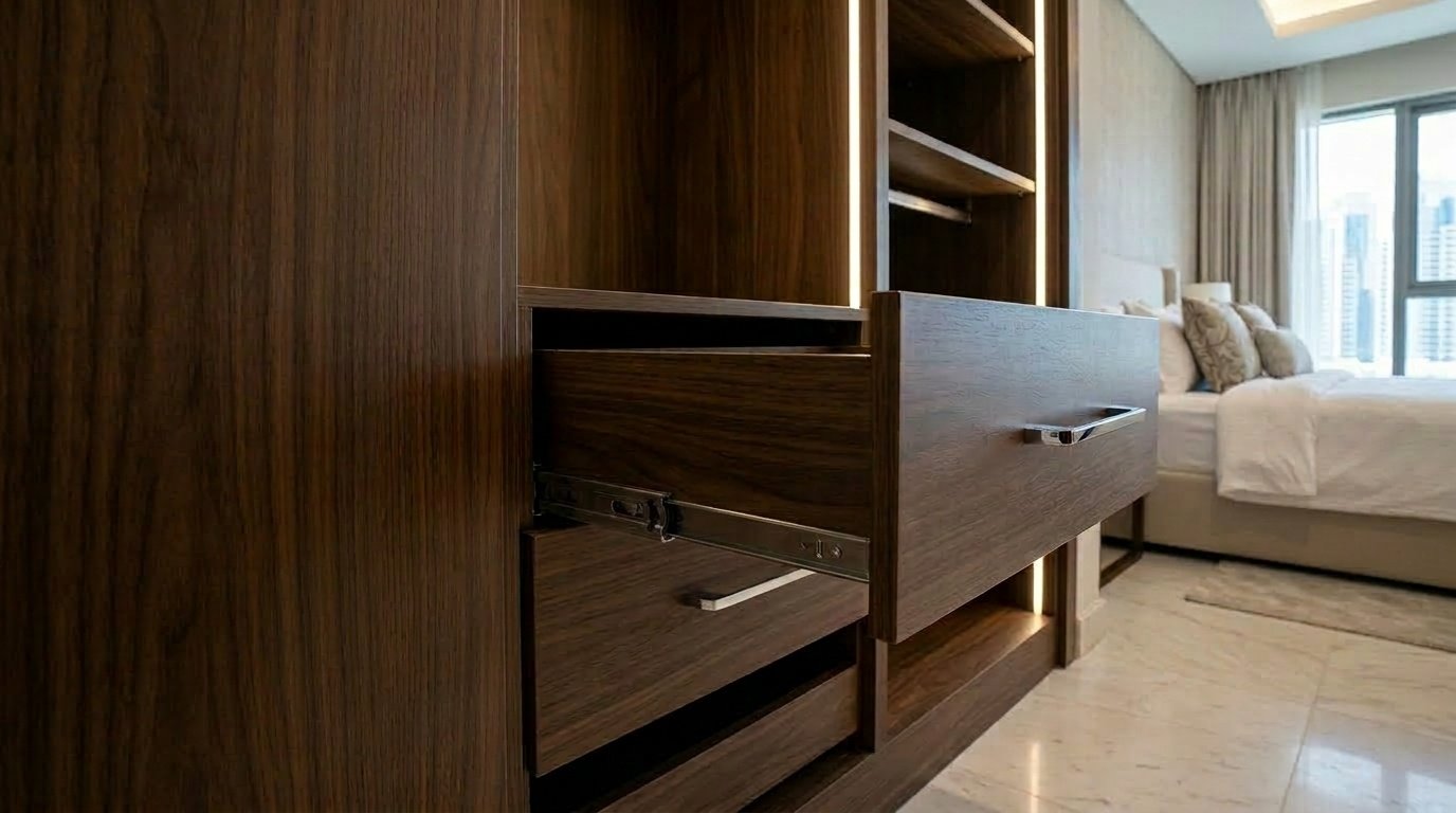 wardrobe hardware quality Dubai carpentry hinges drawers UAE bedroom