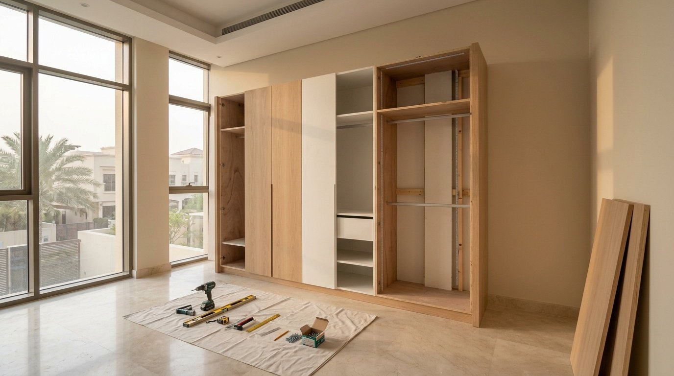bedroom carpentry process Dubai installation stages wardrobes UAE