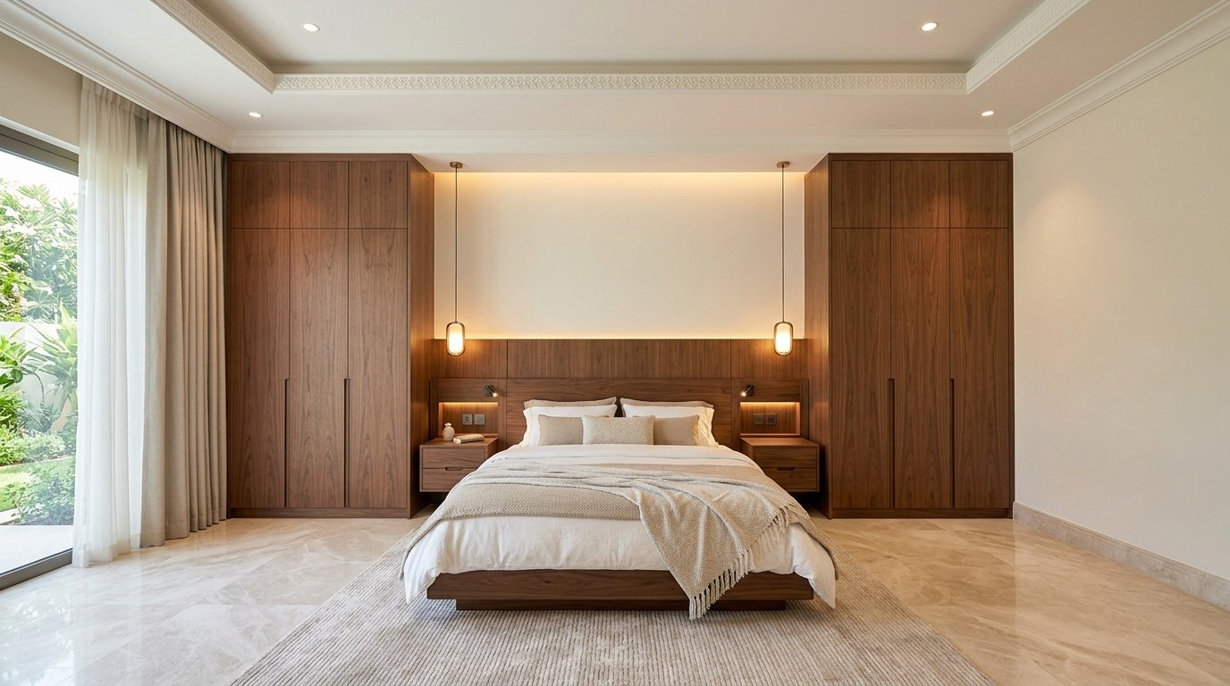 well-designed bedroom Dubai carpentry layout symmetry built-in joinery UAE villa