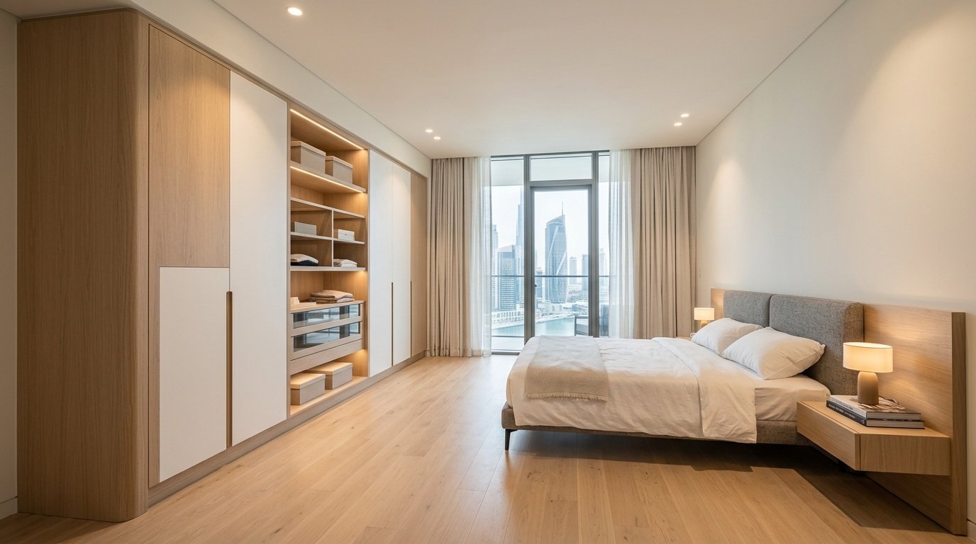 bedroom carpentry design development Dubai fitted wardrobes layout UAE