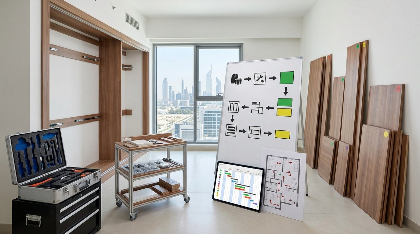 bedroom carpentry project management Dubai installation workflow UAE