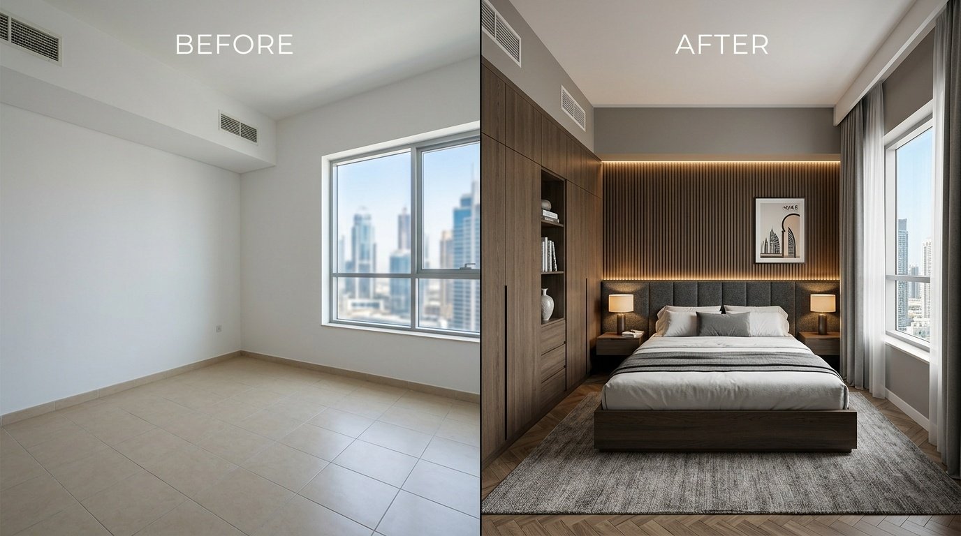 bedroom renovation Dubai before after carpentry fitted wardrobes UAE
