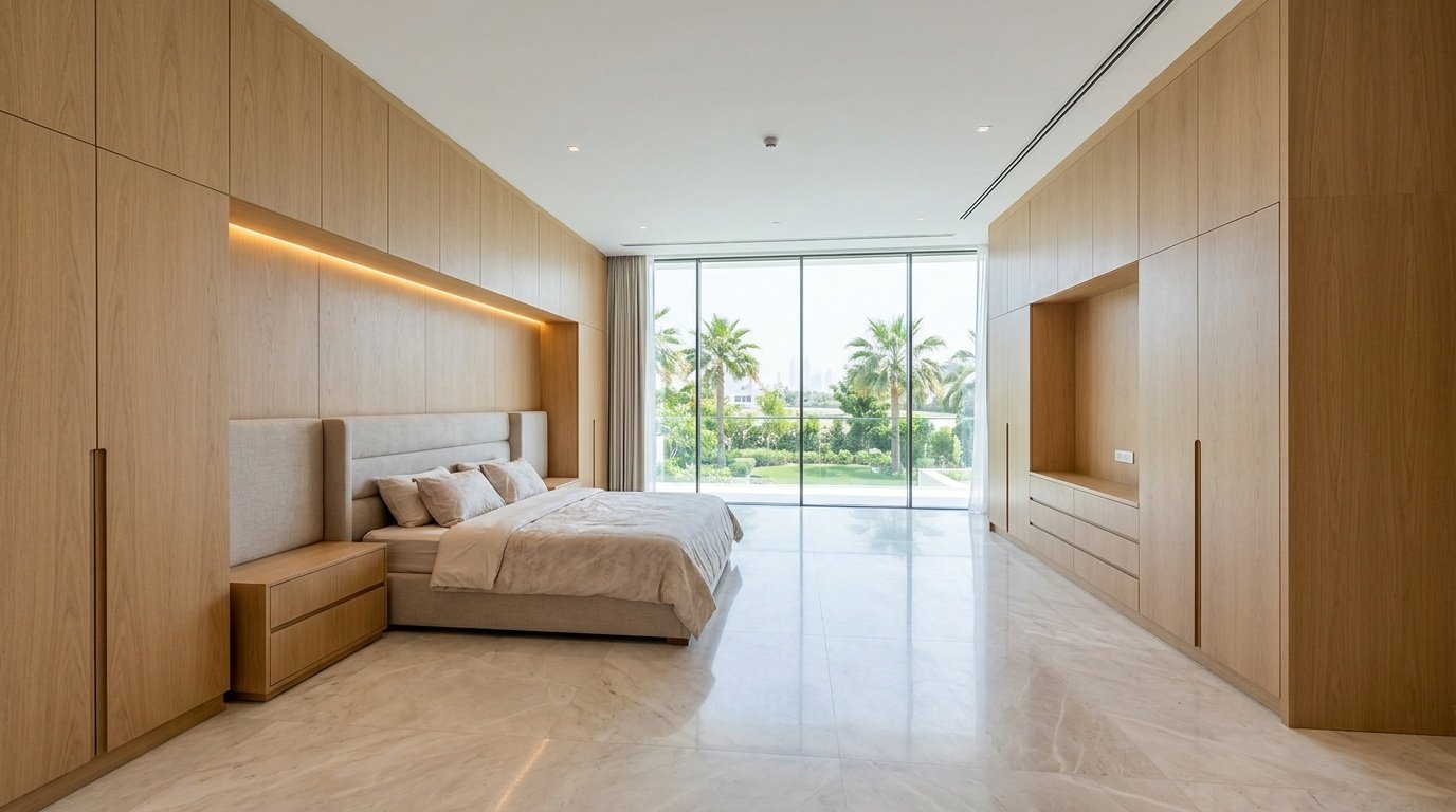 large bedroom Dubai carpentry scale proportion built-in wardrobes UAE villa
