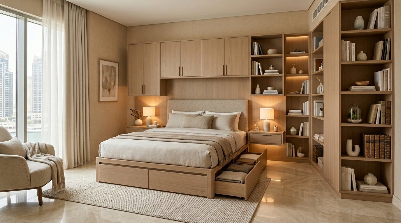 bedroom storage solutions Dubai under bed drawers wall cabinets carpentry UAE