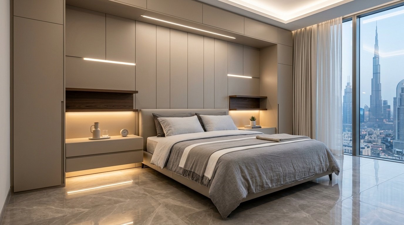 bedside units Dubai bedroom cabinetry built-in carpentry UAE
