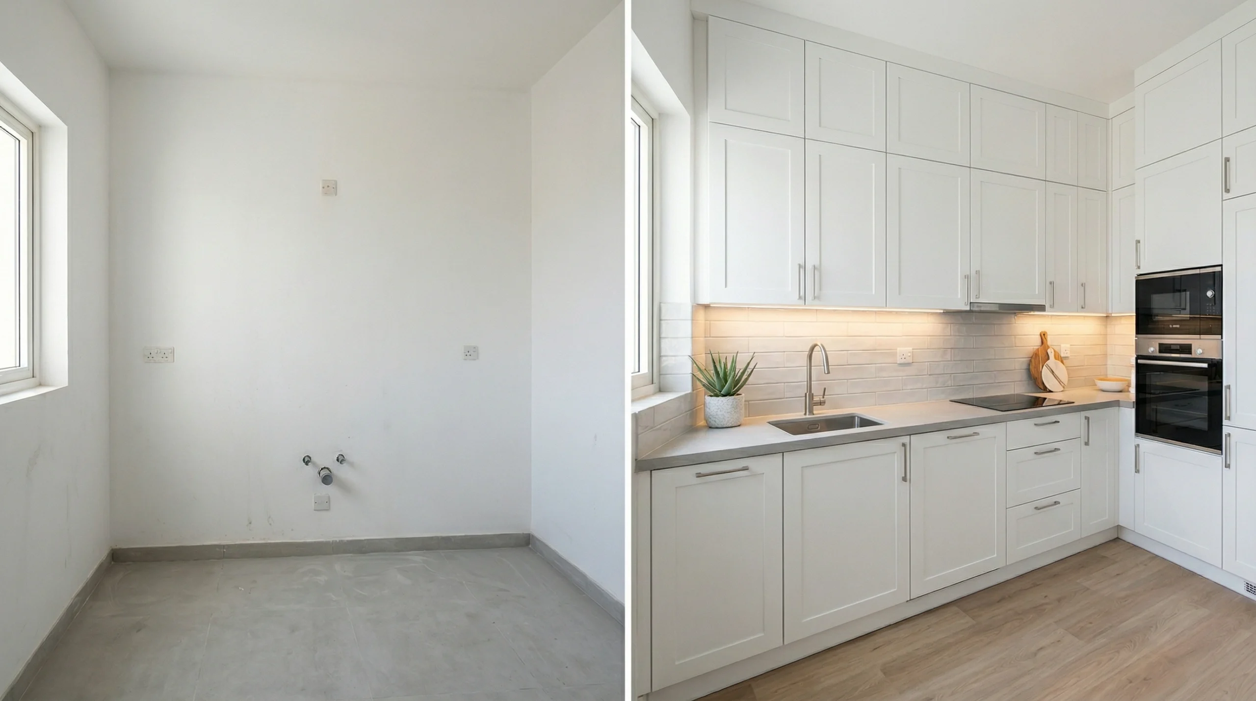 Before and after kitchen cabinet installation in Dubai apartment UAE