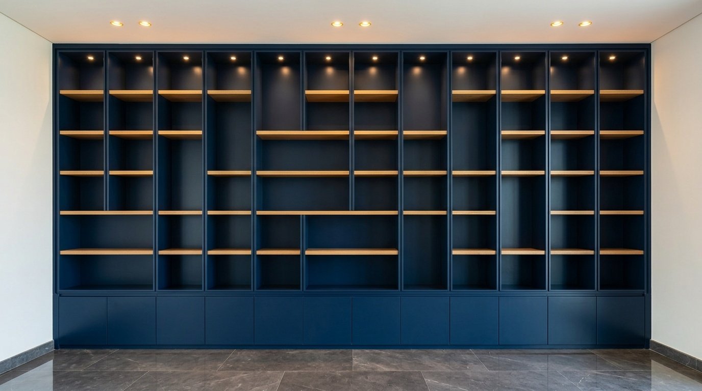 Asymmetric built-in shelving system in navy lacquer with solid oak shelves and integrated LED spotlights in a Sharjah villa living room by Karnak Carpentry