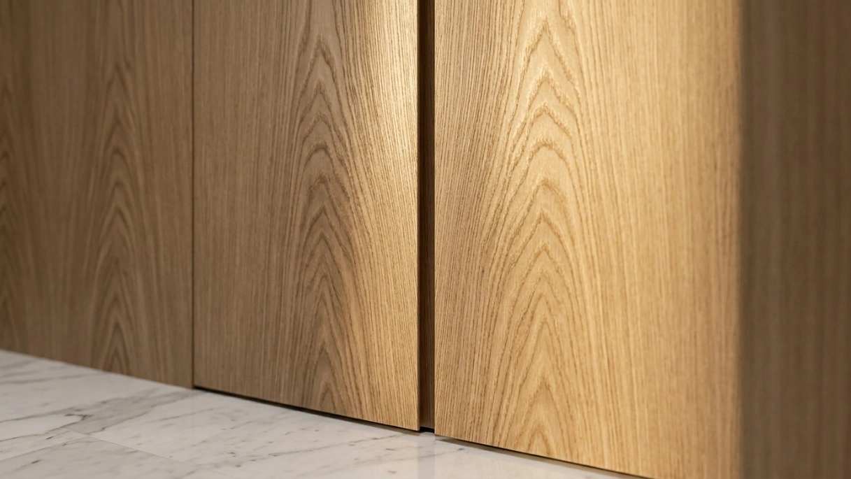 Book-matched European oak veneer wall panels with perfectly mirrored grain and shadow-gap channel in a UAE villa entryway by Karnak Carpentry