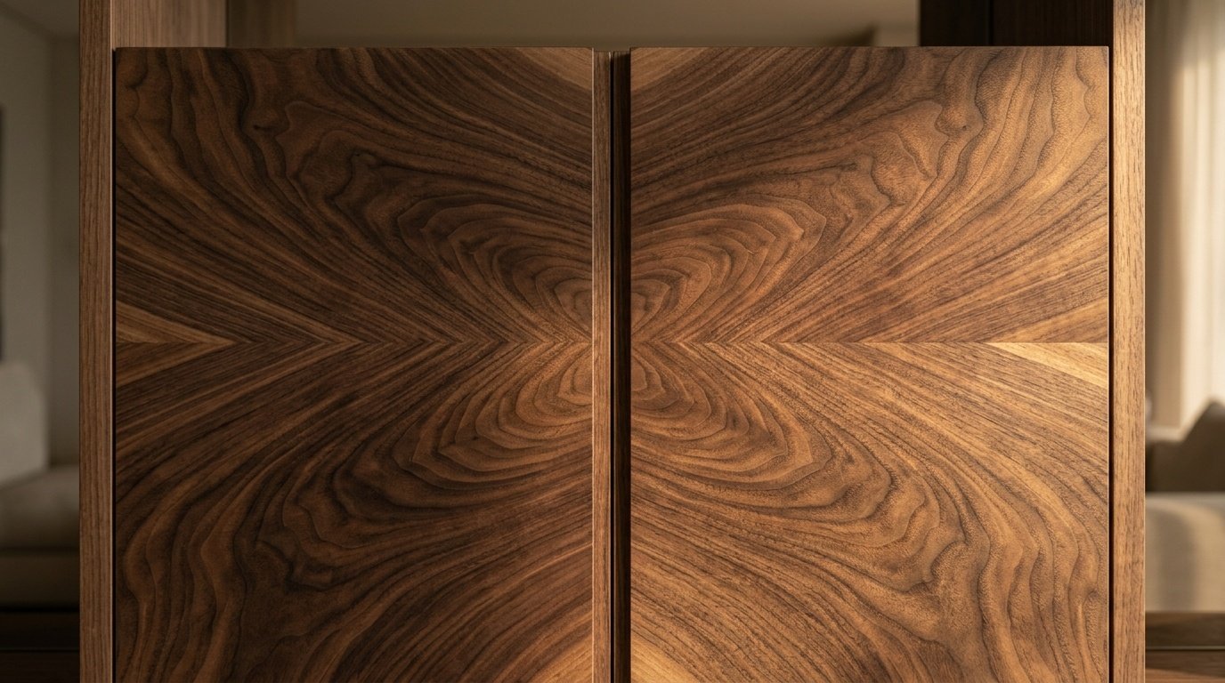 Perfectly book-matched European walnut veneer butterfly grain across two living room cabinet doors in a UAE villa by Karnak Carpentry
