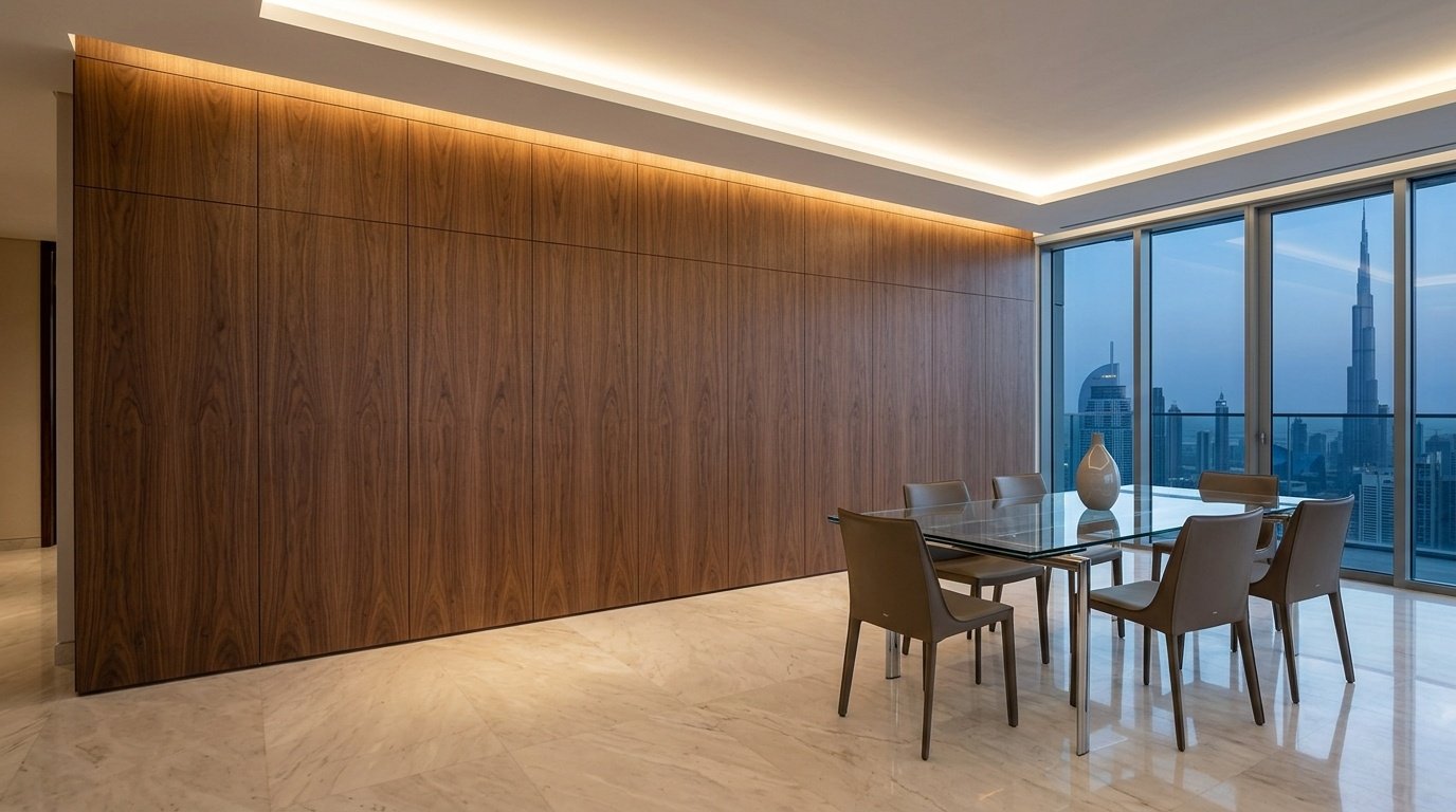 Bookmatched walnut veneer floor-to-ceiling seamless dining cabinet wall in Downtown Dubai penthouse