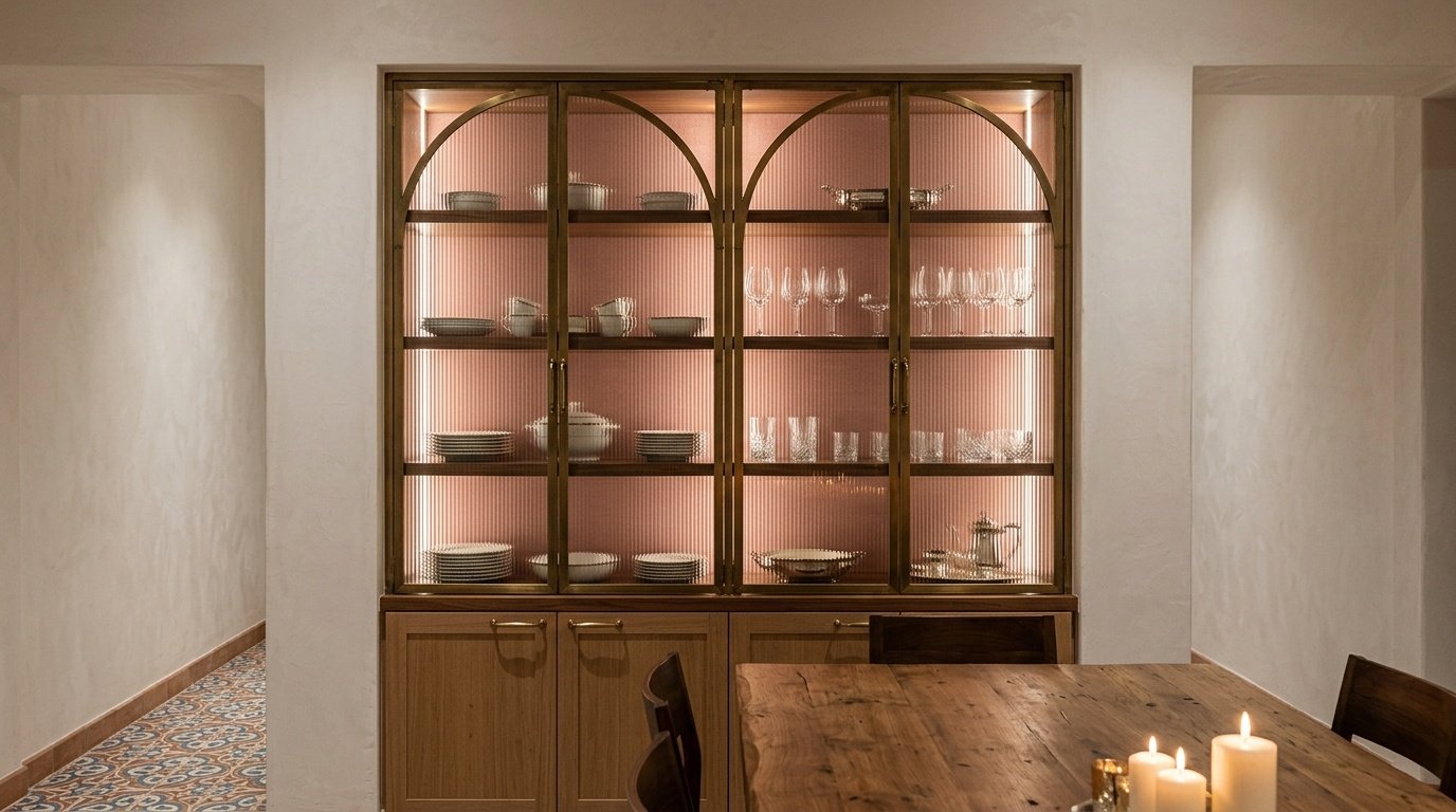 Bespoke brass-framed ribbed glass dining china cabinet with blush lining in Umm Suqeim Dubai villa