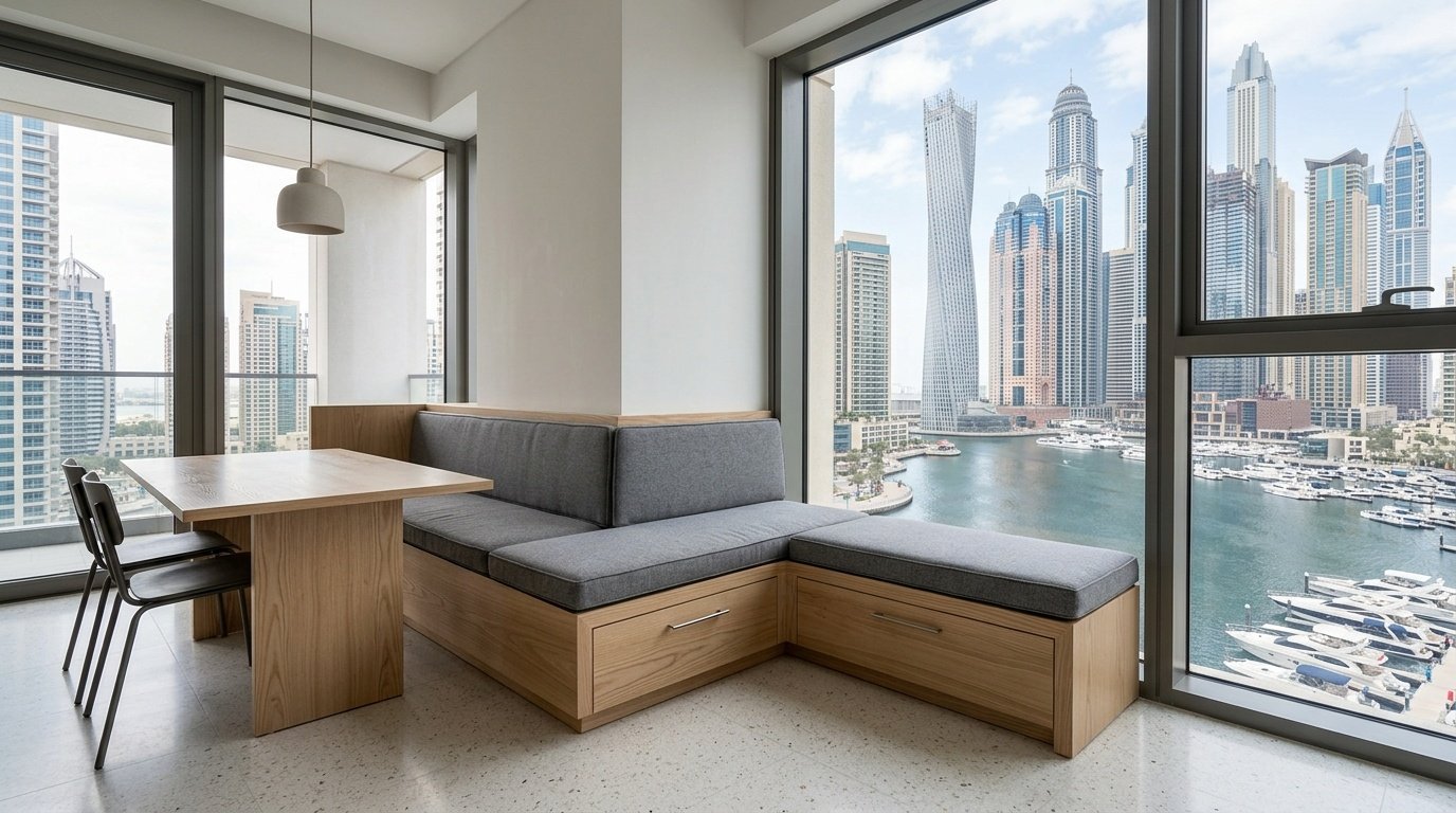 Custom built-in dining bench seating with under-seat storage drawers in Dubai Marina apartment