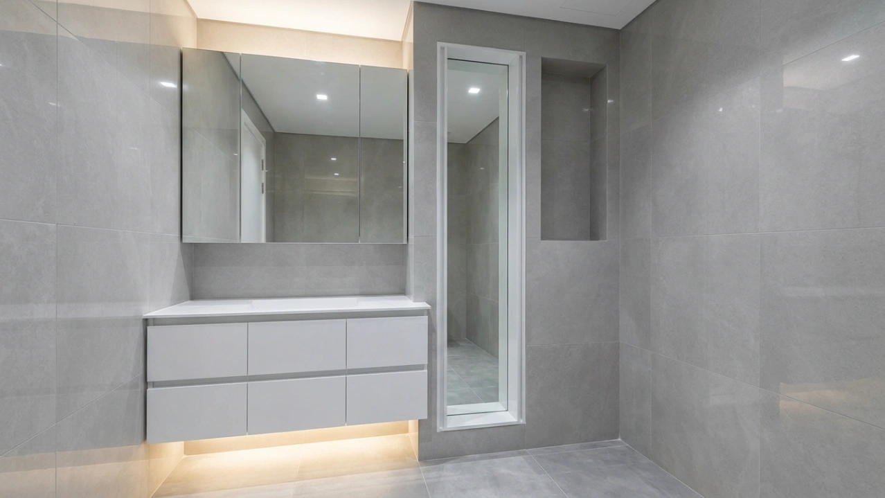 Space-efficient bathroom vanity with mirrored cabinet, recessed medicine cabinet, and LED toe-kick in a Business Bay Dubai apartment by Karnak Carpentry