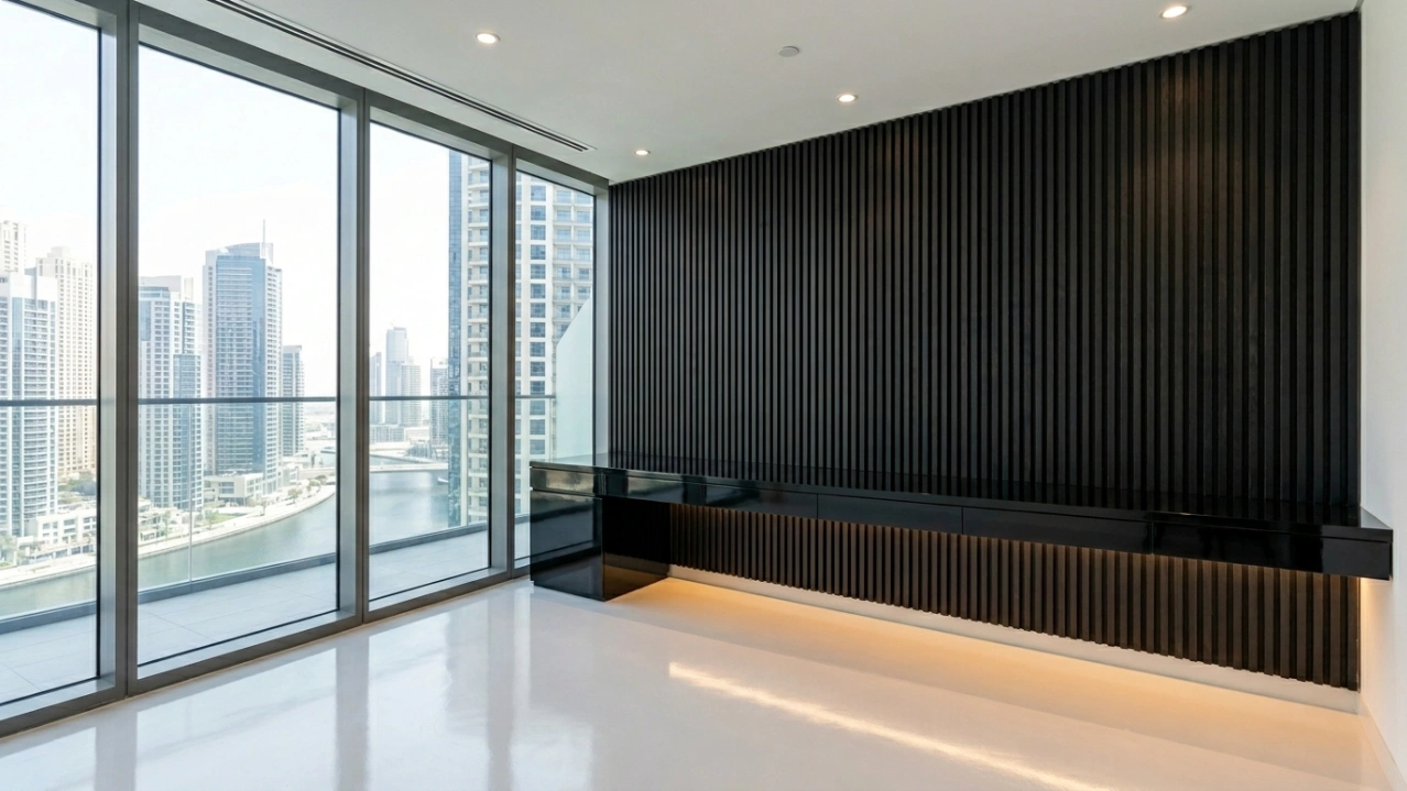 Minimalist floating black lacquer home office desk with acoustic oak batten wall panel in a Business Bay Executive Tower Dubai apartment by Karnak Carpentry