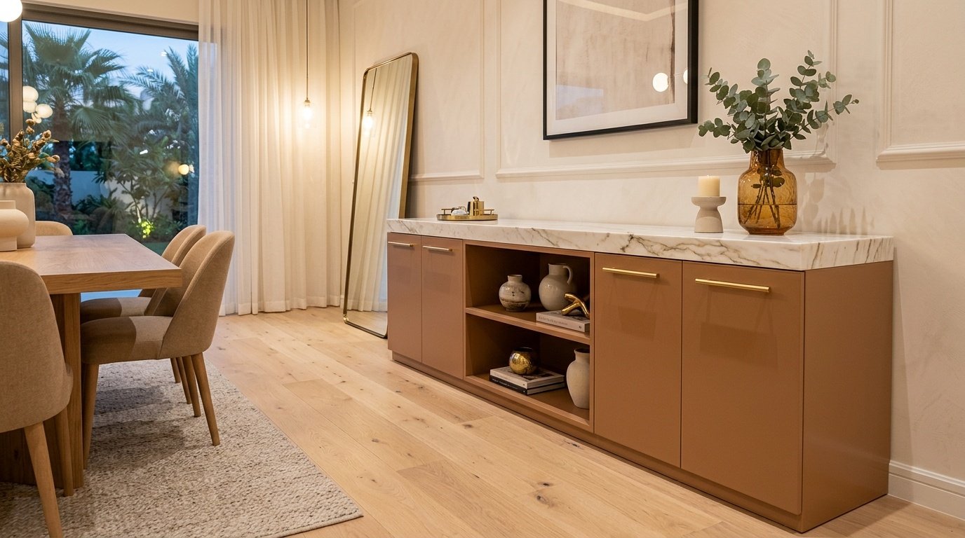 Caramel lacquer dining sideboard with Calacatta marble top and gold handles in Mudon Dubai villa
