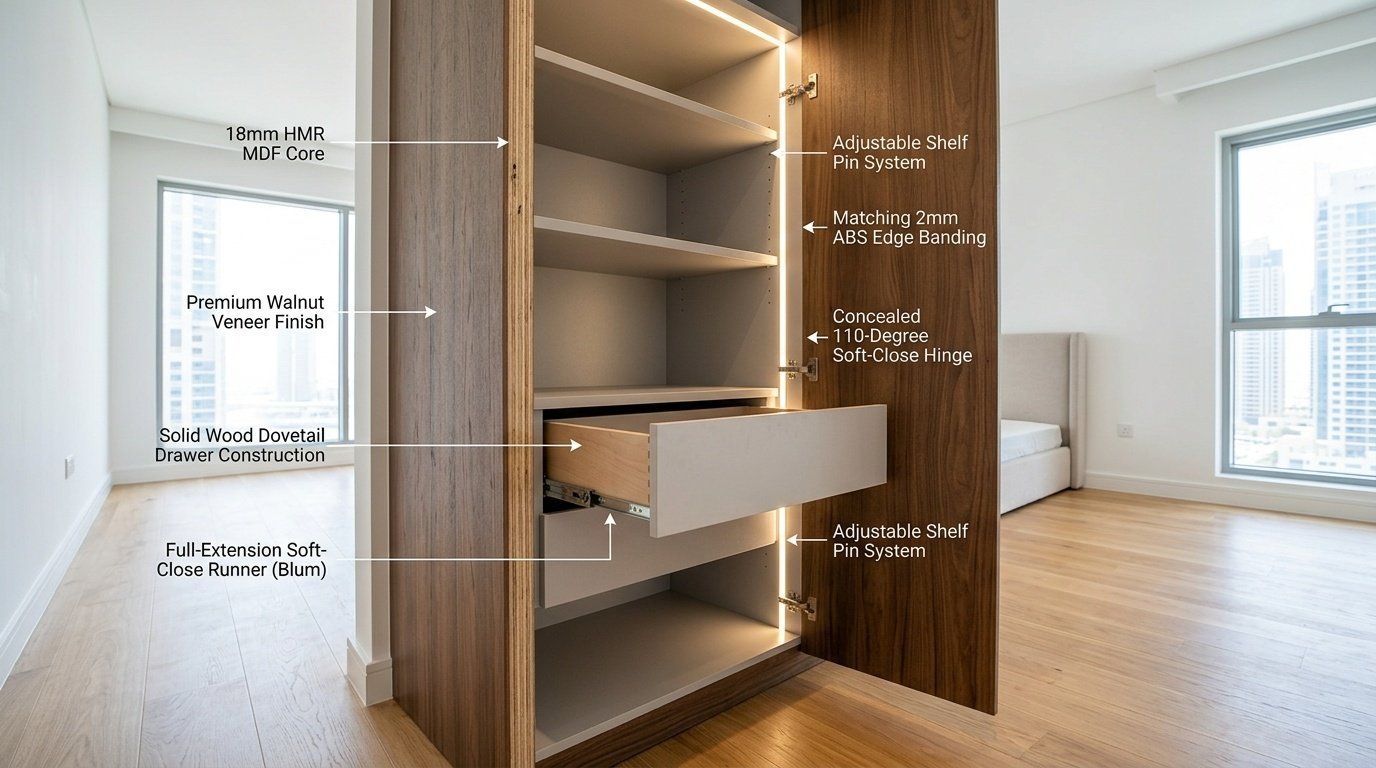 bedroom carpentry materials Dubai wardrobe panels hardware UAE