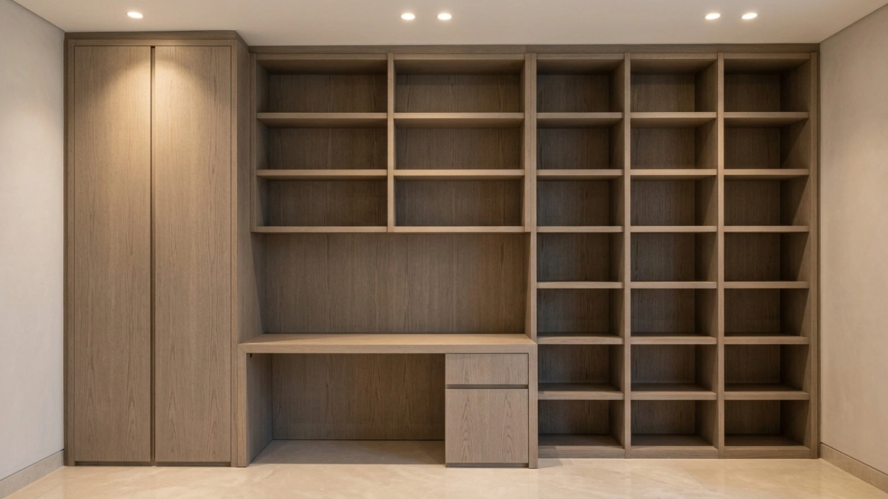 Custom ceiling-height limed grey oak bookcase desk and tower cabinets in Damac Hills Dubai villa home office