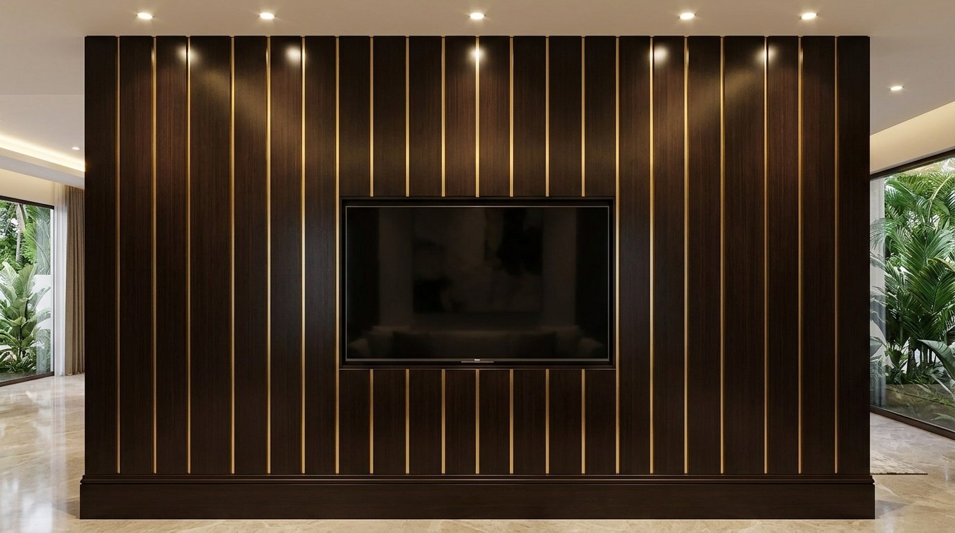 Custom full-wall ceiling-height panelling with TV bay in espresso lacquer and gold inlay in Al Barari Dubai villa