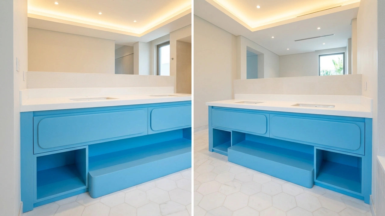 Children's bathroom vanity with built-in step platform and rounded-edge drawers in sky blue marine lacquer in an Arabian Ranches Dubai villa by Karnak Carpentry
