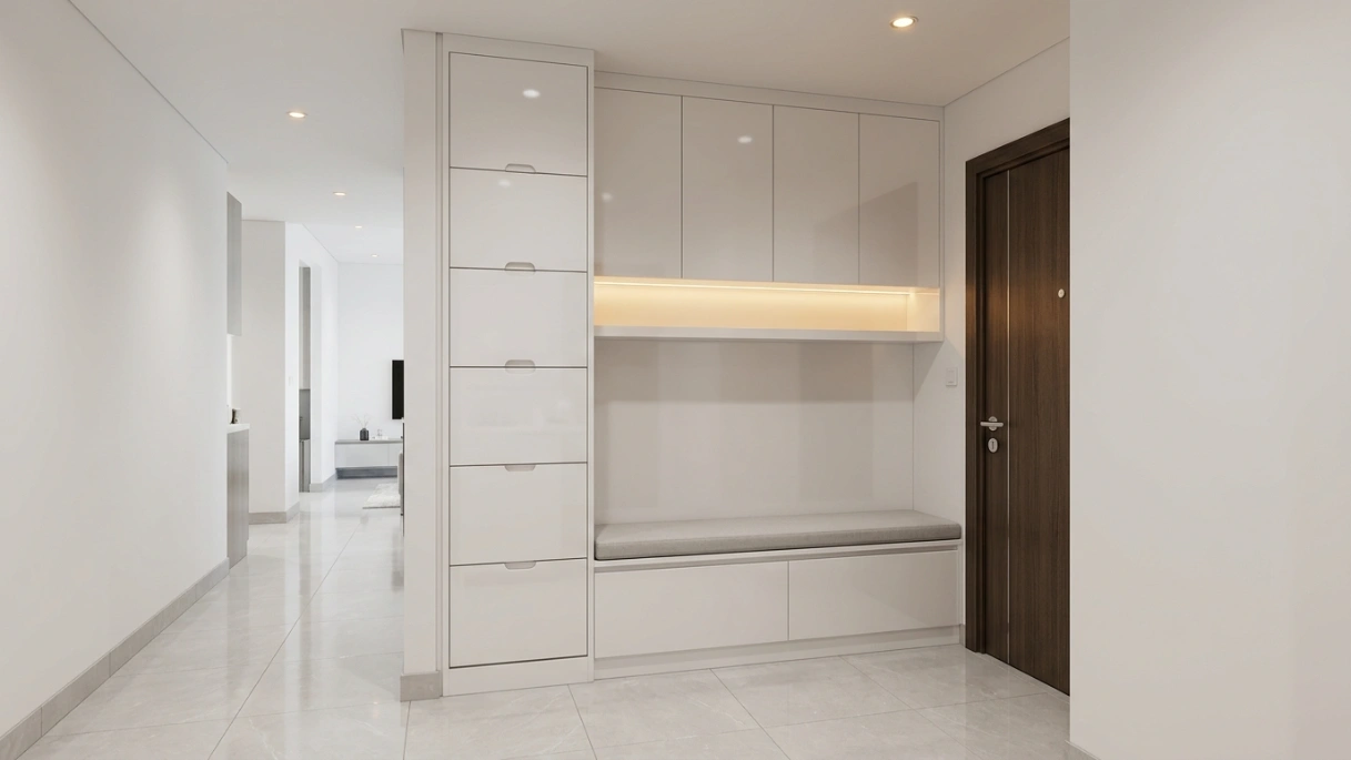 Compact entrance hall in white gloss lacquer with shoe drawers, bench seat, and LED shelf in a Business Bay Dubai apartment by Karnak Carpentry