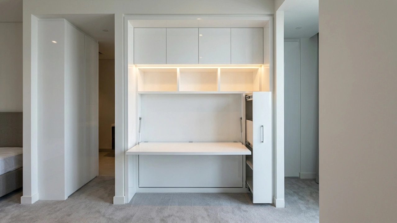 Compact white gloss built-in home office alcove with fold-flat desk and integrated storage in a Downtown Dubai Boulevard Heights apartment by Karnak Carpentry