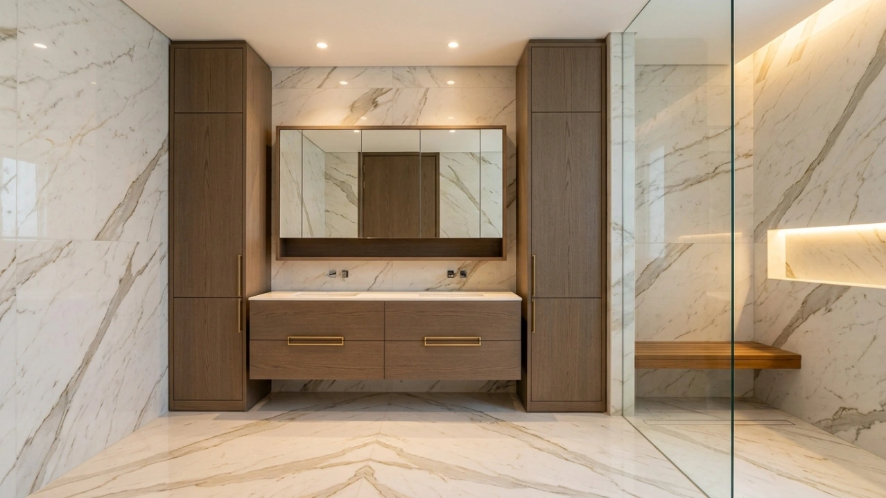 Complete bathroom carpentry installation in smoked oak and teak with brass hardware across vanity, linen towers, and shower bench in a Dubai villa by Karnak Carpentry