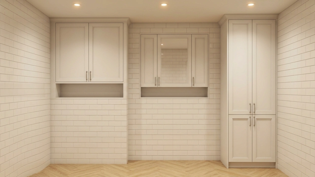 Complete unified white lacquer bathroom storage system including over-toilet cabinet, linen tower, and recessed mirror cabinet in a Dubai townhouse by Karnak Carpentry