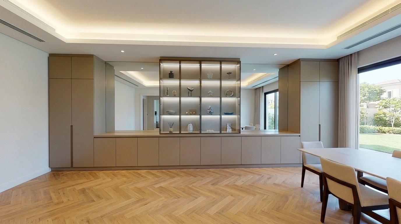 Complete fitted dining room joinery with storage towers, display cabinet and sideboard in Arabian Ranches Dubai villa
