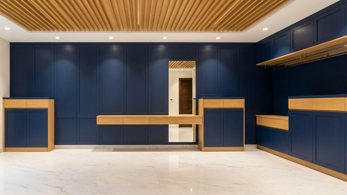 Comprehensive entryway carpentry with six integrated elements in navy and oak including wall panels, console, storage towers, and ceiling soffit in UAE villa by Karnak Carpentry