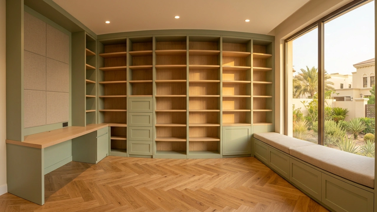 Six-element comprehensive home office carpentry installation including L-desk, bookcase, filing tower, and window seat in an Abu Dhabi villa by Karnak Carpentry