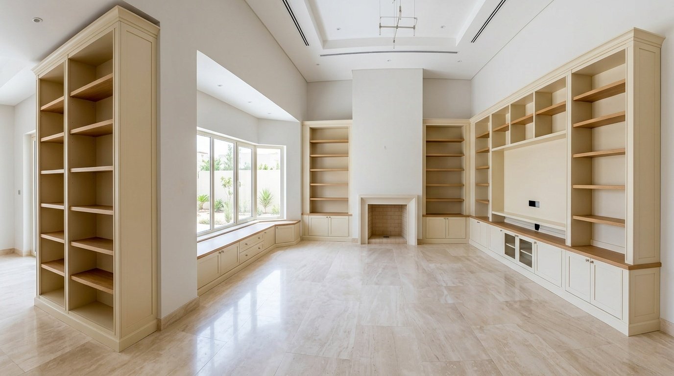Panoramic view of five integrated custom carpentry elements including display wall, window seat, alcove shelving, media unit, and room divider in a UAE villa by Karnak Carpentry