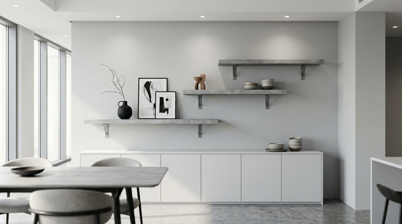 Staggered concrete-effect dining display shelves above sideboard in Barsha Heights Dubai apartment